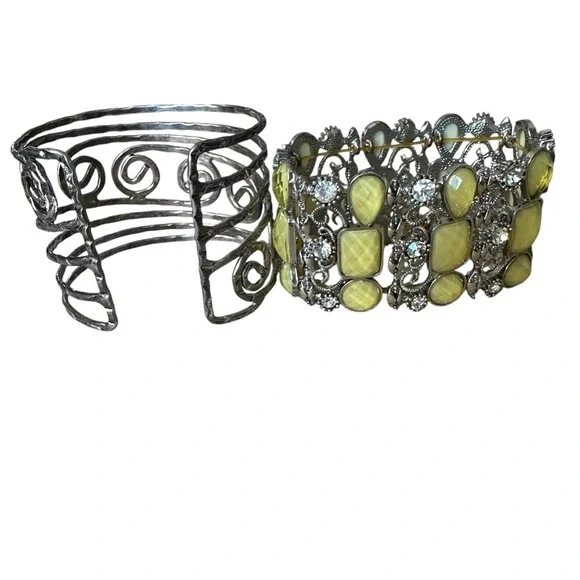 Premier Jewelry Set Of Two Silver Bracelets Bead Stretch And Hammered Metal Cuff - Picture 3 of 5